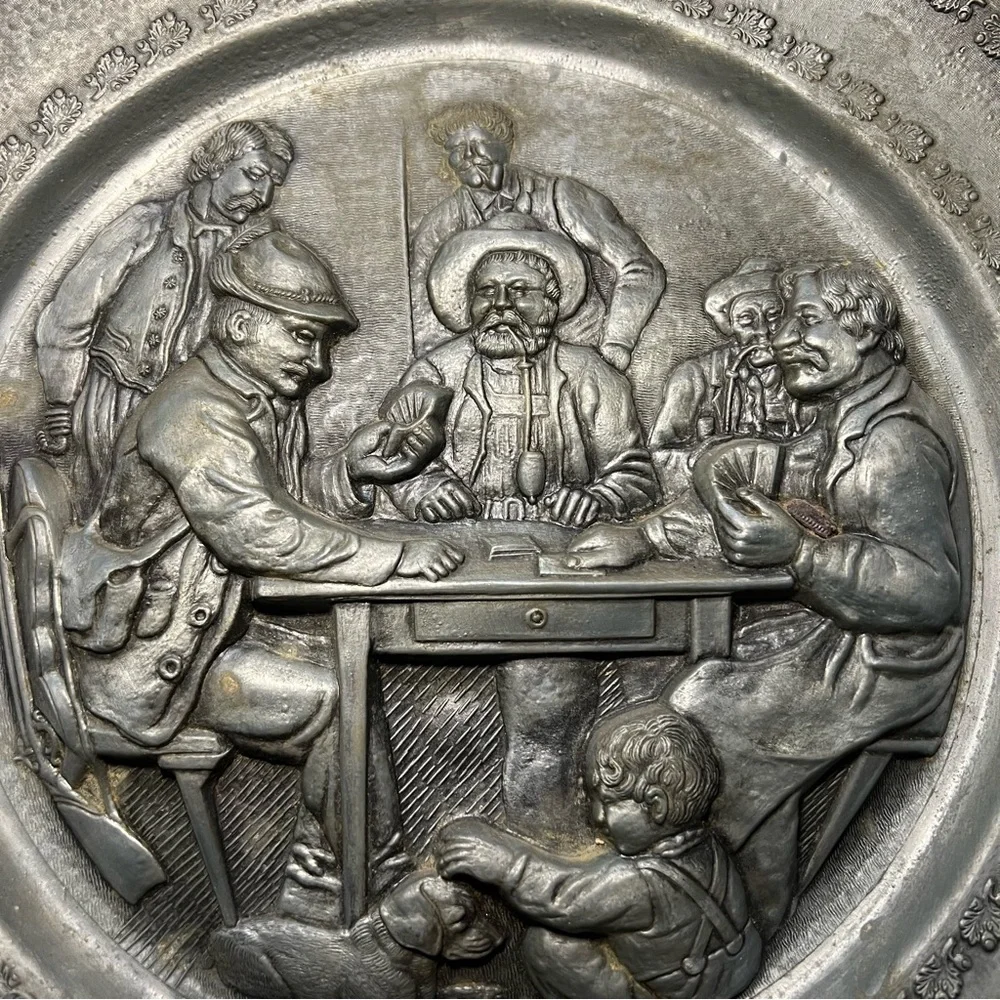 Vintage 12” German Pewter Wall Plate Tavern‎ Card Scene Angel Mark Gallery Wall